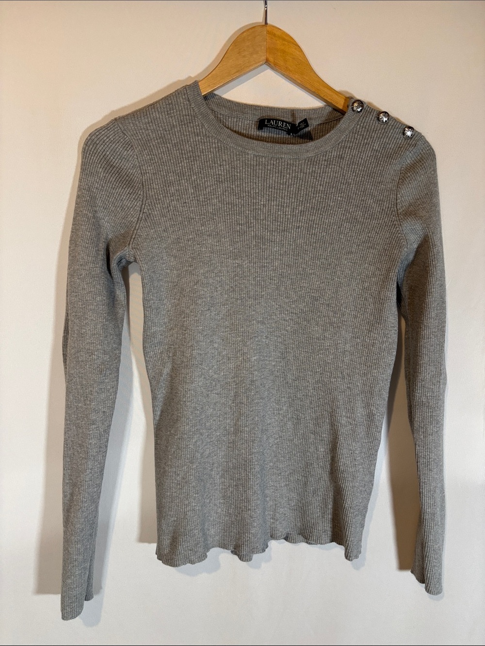 Lauren Ralph Lauren Gray Ribbed Long Sleeve Top with Shoulder Buttons